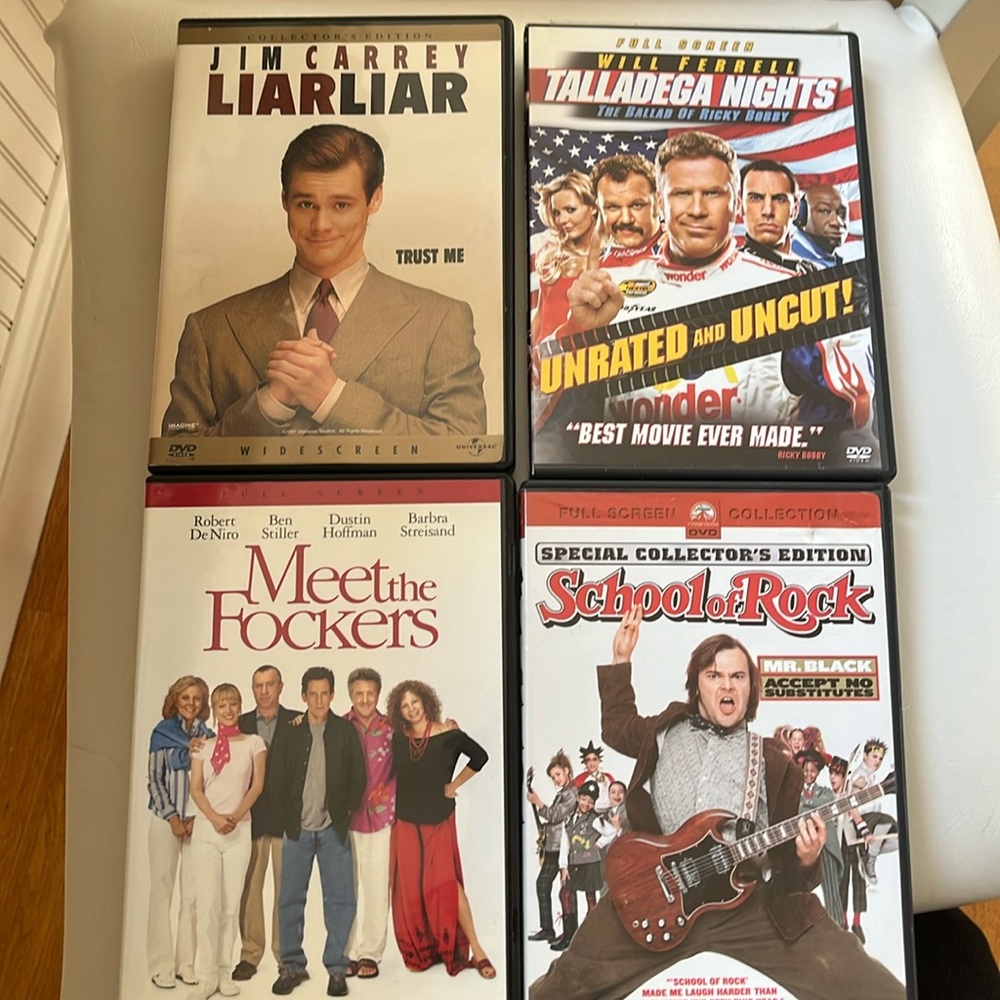 Four classic DVD comedies. Liar Liar, Talladega Nights, Meet the Fockers +